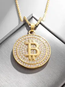 Gold Chain Bitcoin Round Pendant Necklace, Hip - Hop Style Diamond - Encrusted Jewelry with Bling Bitcoin Charm Detail, for Men & Women, Daily & Streetwear Occasions