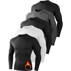 Dalavch Men's 5-Pack (3 Black, 1 White, 1 Gray) High Stretch Plain Soft Fleece Round Neck Long Sleeve Thermal Compression Tops - Heat Retention Tech, Moisture-Wicking Fabric Athletic Base Layer Undershirts for Cold-Weather Sports, Soccer, Winter Use