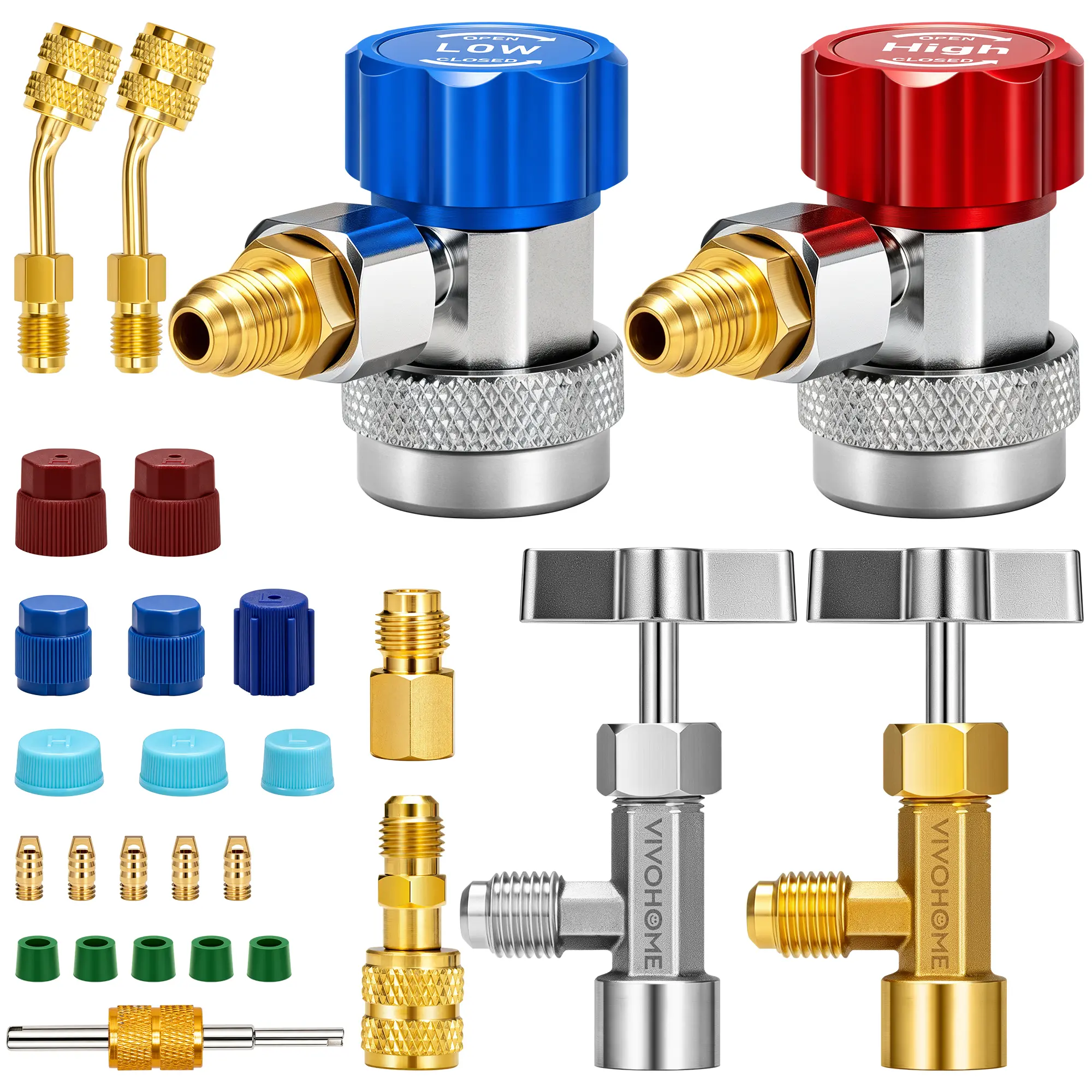 VIVOHOME AC R134a Adapter Tool Kit, R134a Quick Couplers and Self Sealing and Puncture Can Taps, R410a Adapters, Tank Adapter and Valve Core Remover, AC Gauge Hose Conversion Adapters