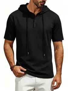 Men's Hooded Henley Short Sleeve T-Shirt, Breathable Pure Color, Slim Fit Half Open Front Drawstring Design, Casual Fitness Wear Tops