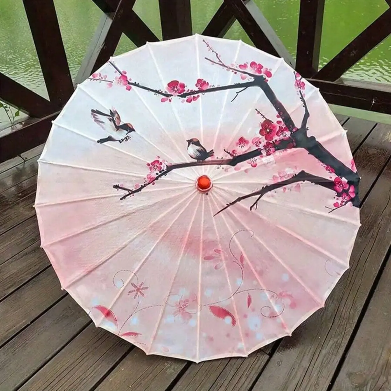 Chinese Floral Pattern Umbrella, Sun Protection Silk Cloth Rainproof Umbrella, Sakura Bamboo Flower Umbrella for Weddings Parties School Office Home Travel, Outdoor Umbrellas