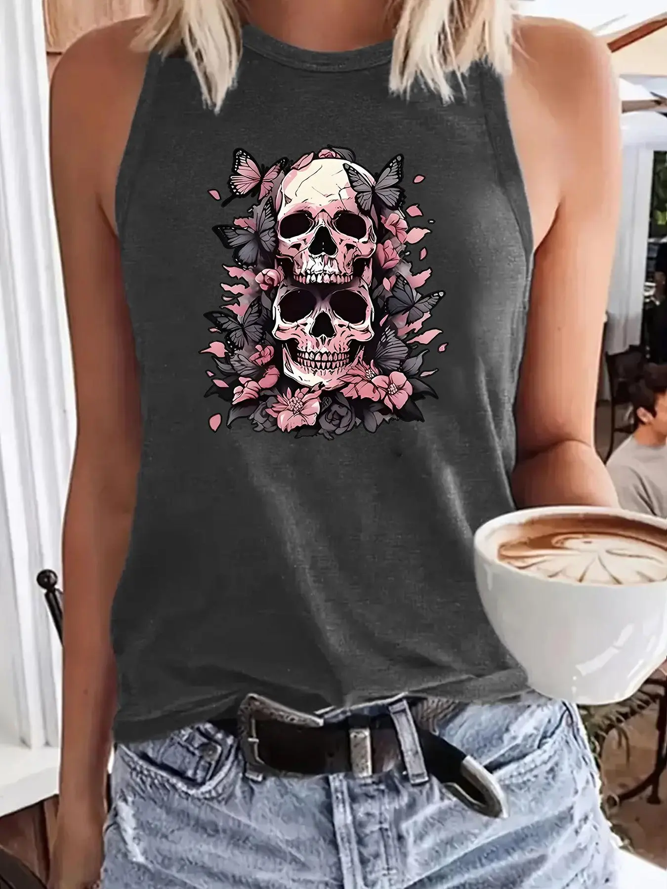 Women's Floral & Skull Print Round Neck Tank Top, Breathable Tank Tops, Fit Casual Sleeveless Crew Neck Top for Summer, Ladies Clothes for Daily Wear, Womenswear, Socks