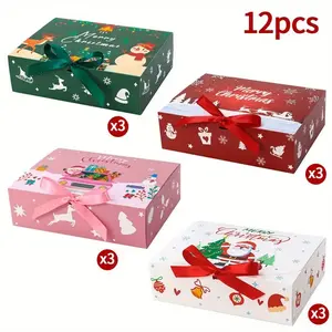 12pcs Large Christmas Gift Boxes with Lids, Elegant Holiday Party Packaging, Gift Wrapping Supplies, Sturdy Paper, Includes Ribbon Bows