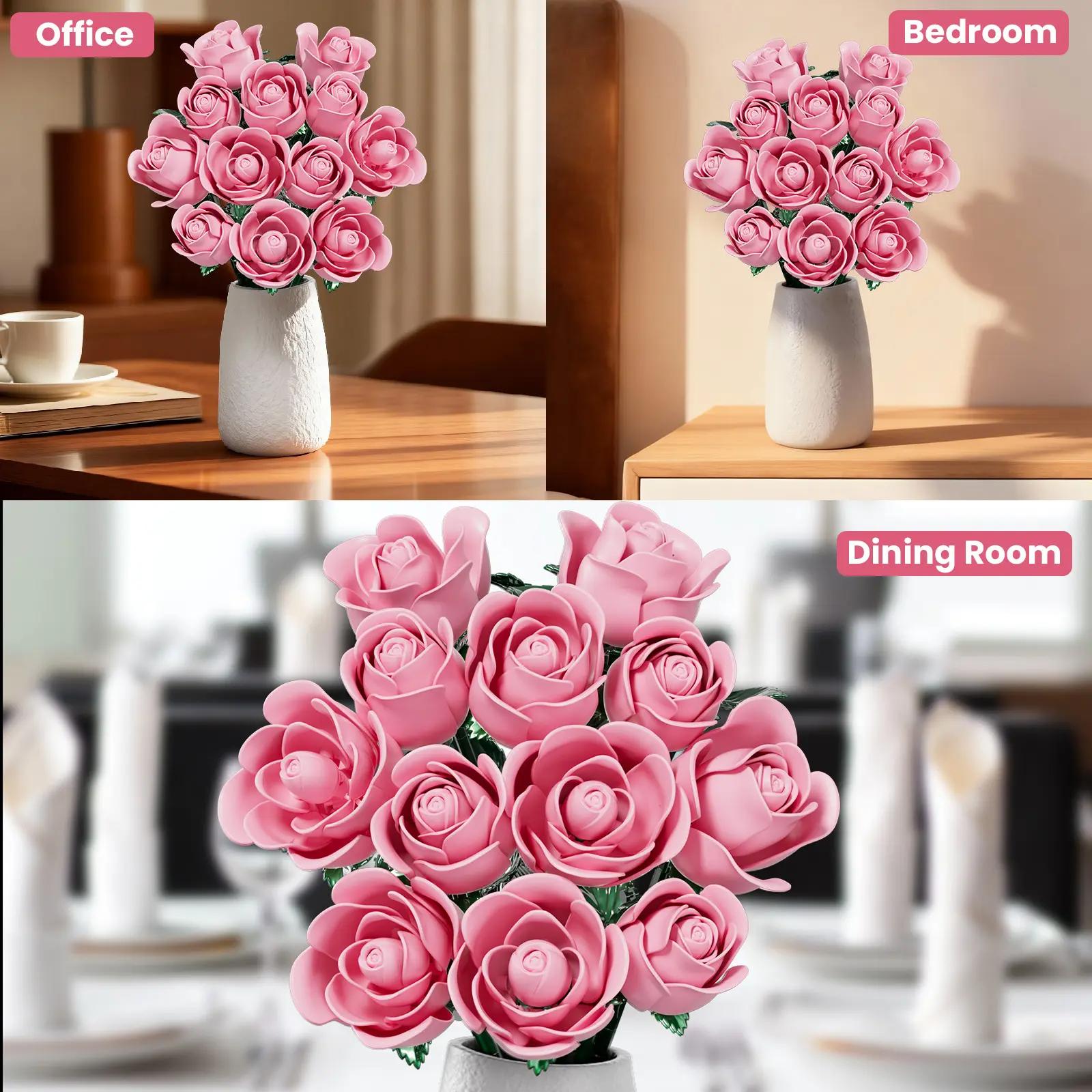 12-Stem Blooming Pink Rose Building Block Bouquet — DIY Assembly Kit for Adults — Deluxe Gift Box for Christmas & Valentine's Day — The Perfect Choice for Home & Office Decor model collectible metal easy assembly toy difficulty high brick