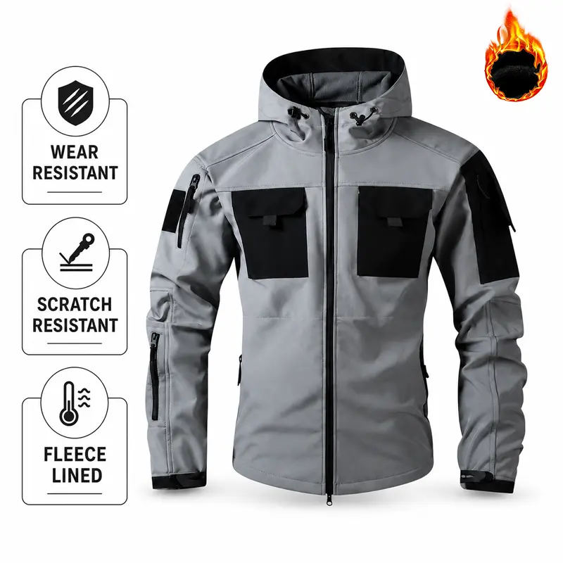 100% polyester fleece hooded tactical jacket with multiple pockets — outdoor waterproof, windproof, warm workwear jacket for men; softshell fleece hooded jacket; 100% polyester, wear-resistant, waterproof, windproof, multifunctional warm outdoor commuter