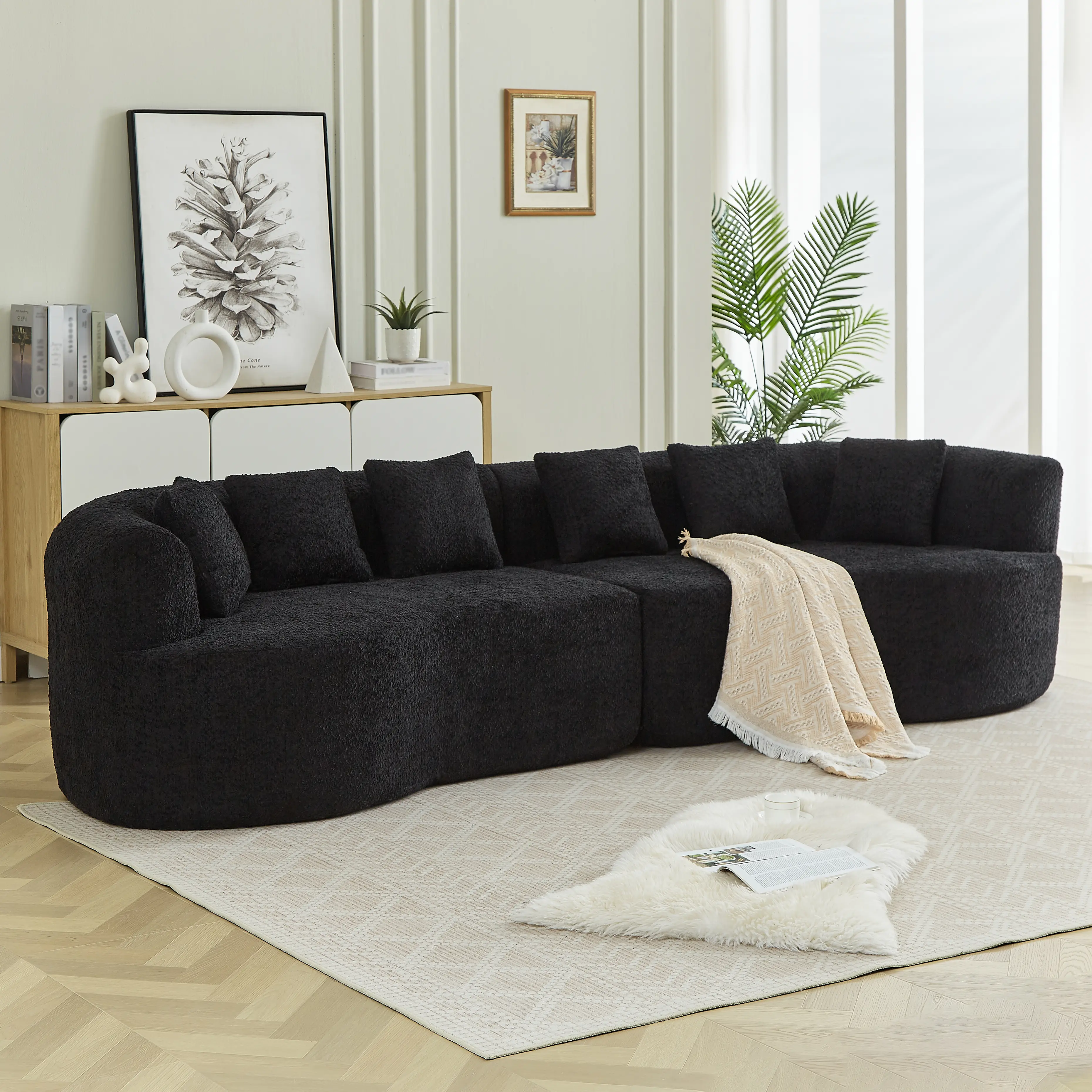 【Deals for You Days】111.5" Curved Boneless Chenille Cloud Sectional Sofa, Oversized Deep Seat Memory Foam 4-Seater Couch with 6 Pillows, Vacuum Compressed No Assembly Pet Friendly Sofa for Living Room Apartment