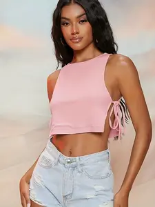 Viral Y2K Sexy Side Tie Crop Top Women Cute Ribbed Sleeveless Tank Top Open Side Lace Up Shirt High Neck Basic Essential Summer Vacation Beachwear Festival Outfit Casual Going Out Trendy Baddie Aesthetic Tops