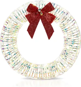 Karl home 24in Pre-lit Outdoor Christmas Wreath Decoration, 84 LED Multi-Color Lights, Lighted Metal Wreath with Bow for Indoor Outdoor Holiday Party(White/Red