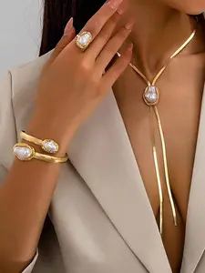 3Pcs Women Elegant Minimalist Gold Tone Alloy Jewelry Set, Baroque Pearl Hammered Design, Herringbone Lariat Necklace Open Bangle Ring, Modern Luxury Stackable Jewelry for Daily Office Dating Wedding, Birthday Anniversary Gift