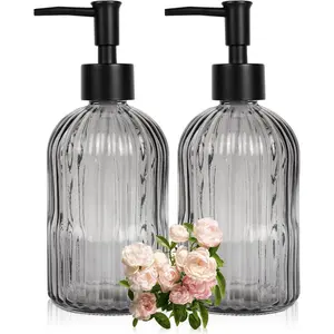 2 Pack 11oz Glass Soap Dispenser with Plastic Pump, Vertical Stripe Design Refillable Hand Soap Dispenser for Hand Wash, Bathroom Soap Dispenser for Bathroom and Kitchen