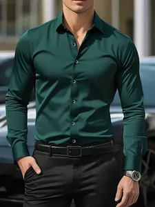 Men's Manfinity Mode Casual Chic Minimalist Long Sleeve Shirt, Simple Collar Design, Solid Color Fabric, Perfect for Daily Wear and Comfort