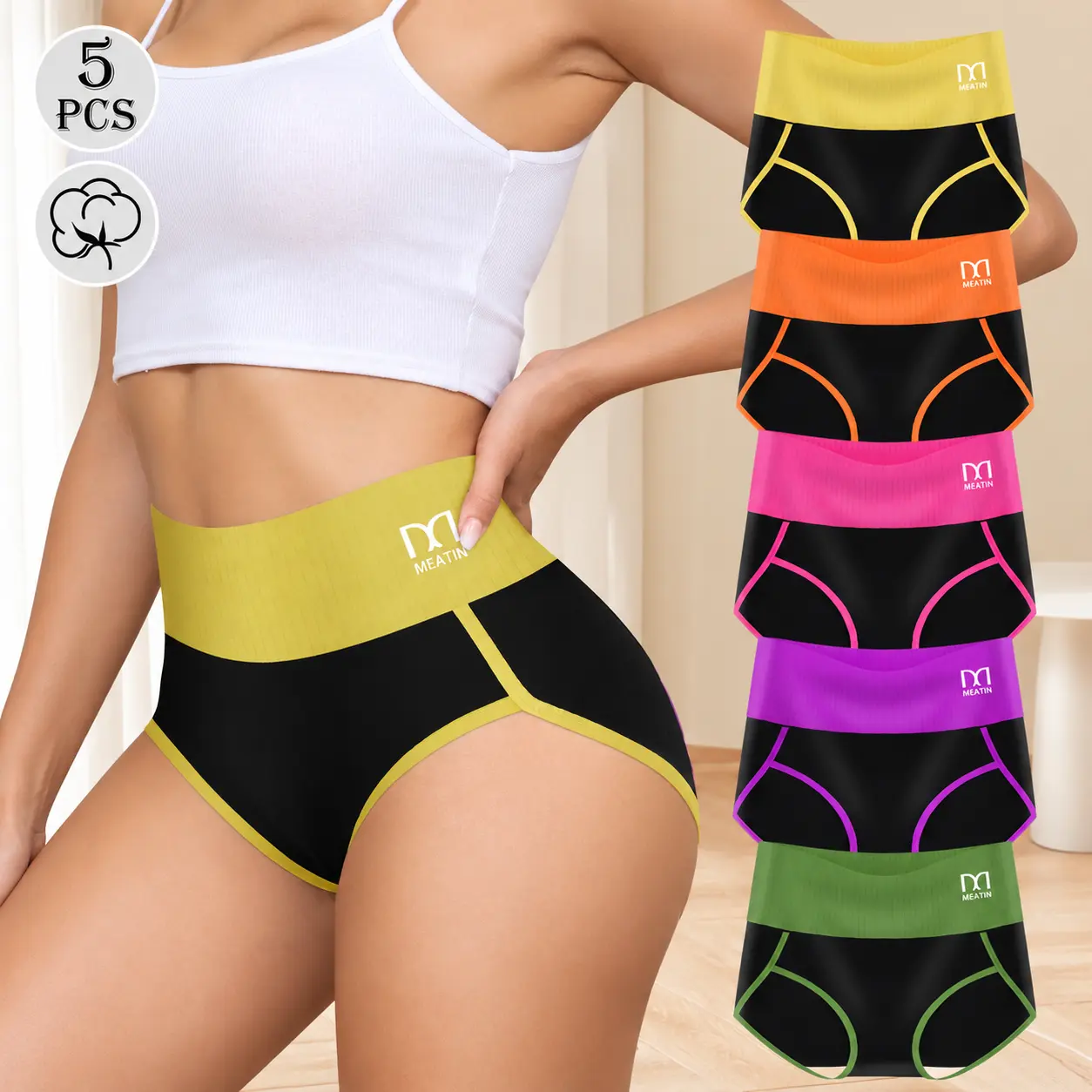 Women's 5pcs Multicolor High Waisted Ribbed Cotton Panty Set - Seamless, Stretchy, Soft, Breathable Athletic Briefs, Colorblock Full Coverage, Lady's Stylish Fit, Tummy Control Lingerie for Sportswear & Everyday Use
