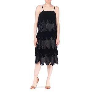 1980S Black Suede & Leather Beaded Spaghetti Strap  Cocktail Dress With Cut-Out Drippy Design