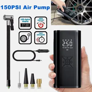 Car Mounted Wireless Inflation Pump 150PSI LED Display 12V Black with Power Supply Includes Tire & Lug Tools for Car Truck SUV Motorcycle