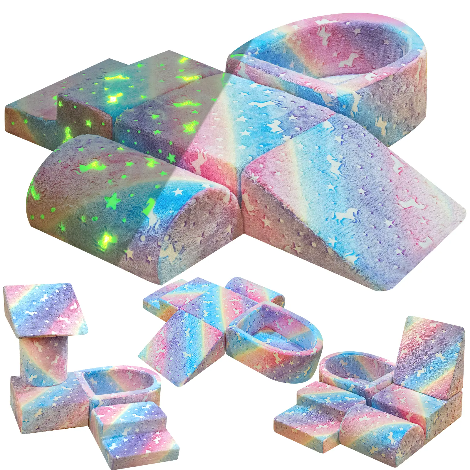 Lamerge Comfortable Glow-in-the-Dark Soft Foam Play Blocks for Kids 3+ - Square Puzzle Couch, Climbing Set, Neon Galaxy Inflatable Water Slide, Indoor Playroom Toy, Ideal Christmas & New Year Gift