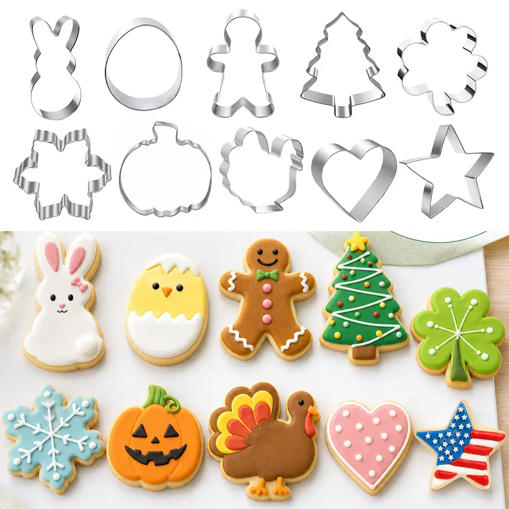 10pcs Christmas Baking Metal Cookie Cutter Set - Holiday Molds with Christmas Tree, Gingerbread Man, Snowflake, Egg, Tree & Rabbit Hand Tool Accessory