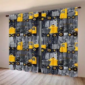 Construction Truck Curtain Set, Window Curtain, Half-Transparent Polyester Fabric, Rod Pocket Design, Boys Room Decor, Bedroom & Living Room Curtains