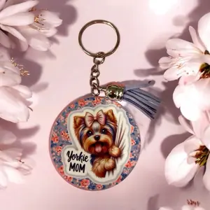 Yorkie Mama Keychain - Round Design with Colorful Patterns, Keyring Attachment, and "Yorkie MOM" Text handbag charm Adorable Handmade Functional Express Personality