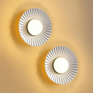 Cordless White Wall Sconces Set of 2, Battery Operated 5200mAh Rechargeable LED Round Pleated Dimmable Small Wall Light Lamps, Lighting for Hallway, Upstairs, Living Room, Bedroom, Home Decor, Night Light, Wireless Art Display Lights