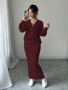 Women's Knitted Sweater Casual Fashion Button Cardigan Coat Long Dress Set 2 Piece Knitwear Fall Winter, Stylish and Comfortable