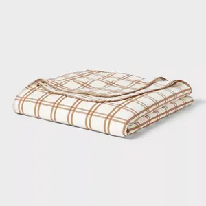 Full/Queen Brushed Cotton Blanket Ivory/Brown Plaid - Threshold