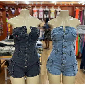 KIROSAG Summer Denim Jumpsuit Sexy Sleeveless Jean Short Rompers with Pockets swear Overalls Basic Casual Fashion Casual Fashion Comfort Fit