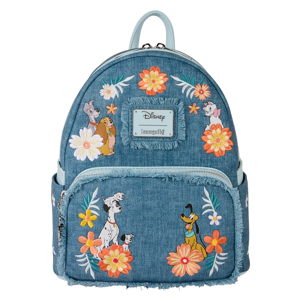 Disney Dogs & Cats Floral Faux Denim Fringe Mini Backpack
