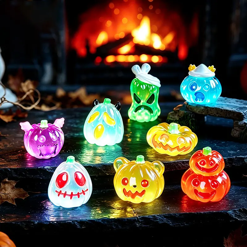 8pcs Hand Painted Mini Halloween Luminous Resin Figurines, Glowing Pumpkin Ghost Monster Ornaments with Glowing Effect & Smooth Resin, Spooky Cute Tabletop Decor for Micro Landscape Halloween Party DIY Toy