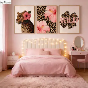 3pcs Bold Leopard and Hibiscus Flower Wall Art Decoration, Artistic Warm Leopard Prints with Soft Blooms for a Tropical Bohemian Home Decor