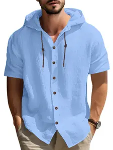 Men's Summer Casual Polo Hoodie, Pure Color Henley Neckline, Loose Fit Short Sleeve, Perfect for Vacation Beach Sports