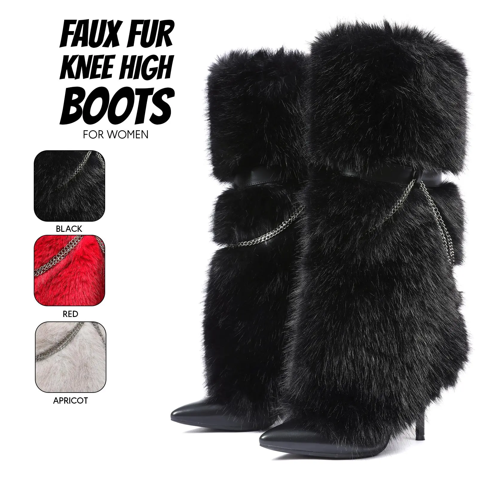 Womens Faux Fur Winter Boots Furry Shaggy Boot Pointed Toe Stiletto High Heels Side Zipper Metal Chain Design Knee High Warm Cozy Tall Long Snow Boots Party Dressy Gifts Outdoor Fashion Shoes