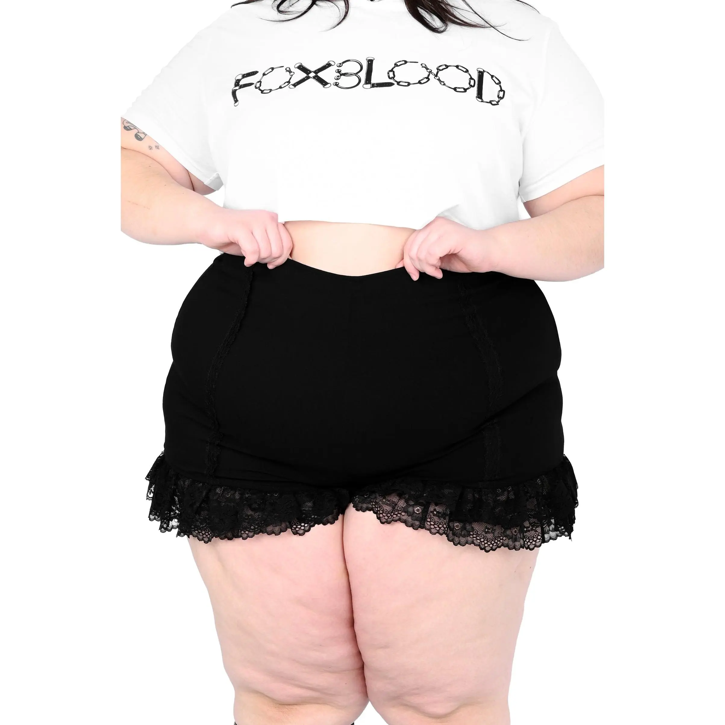 Foxblood Shop Esme Bloomer Shorts, Women's Gothic Festival Bottoms in Stretchy Viscose Ponte with Lace Trim & Side Zipper, Nylon, Spandex, Casual, Style, Lady, All-Year, 2Xl, Clothes
