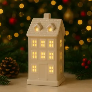 Ceramic Lighted House Christmas Decoration Cozy Holiday Home Decor Warm LED Lantern Christmas Village House Aesthetic Winter Home Accent Neutral Christmas Decor Trending 2025 Gift Idea Table Shelf Mantel Light Up Ornament Cozy Holiday Room Decor