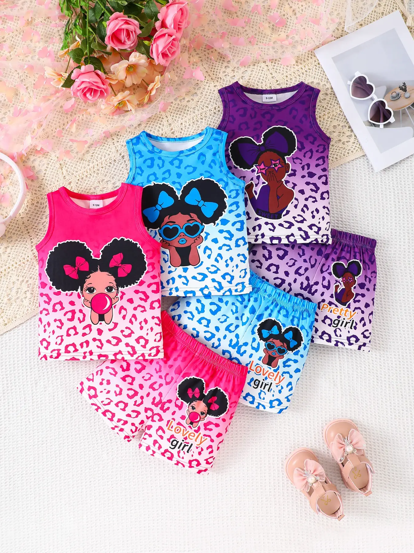 6-Piece Cute Baby Girl Summer Outfits Set, Leopard Print Tank Top and Shorts, Blue Colors, Casual Daily Wear for Girls, Baby Clothing, Leopard Pattern, Six Pieces, Clothes