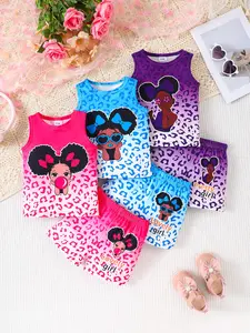6-Piece Baby Girl Summer Set, Leopard Print Tank Top and Shorts, Blue Colors, Casual Daily Wear for Girls, Baby Clothing, Leopard Pattern, Six Pieces