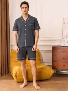 2-piece men's solid gray short sleeved top and shorts with soft and comfortable collar design, small pocket elastic waistband suitable for all seasons home daily casual men's sleepwear set