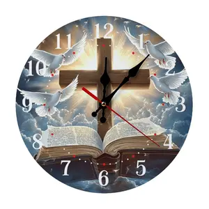 12 Inch Christian Cross Bible Dove Wooden Wall Clock | Silent Non-Ticking Religious Christian Decor, No Battery Included, Perfect for Home, Church, Prayer Room
