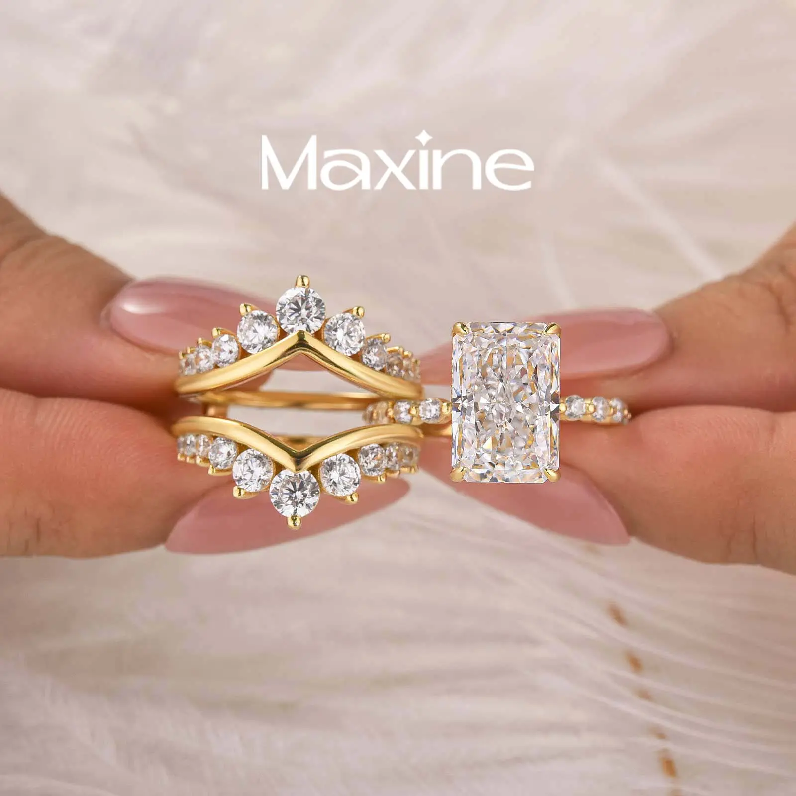 MAXINEJEWELRY 2PC Sterling Silver Engagement Ring - 5.0ct Radiant Cut 5A Cubic Zirconia Insert, Women's Artificial Gemstone Ring Accessories, Ideal for Proposal, Wedding, Daily Wear, Travel Rings
