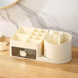Desk Organizer Multi-Functional Pencil Pen Holder with Drawers, Rotating Desk Organizer for Desk Office Home, Gifts for Men and Women(Beige)