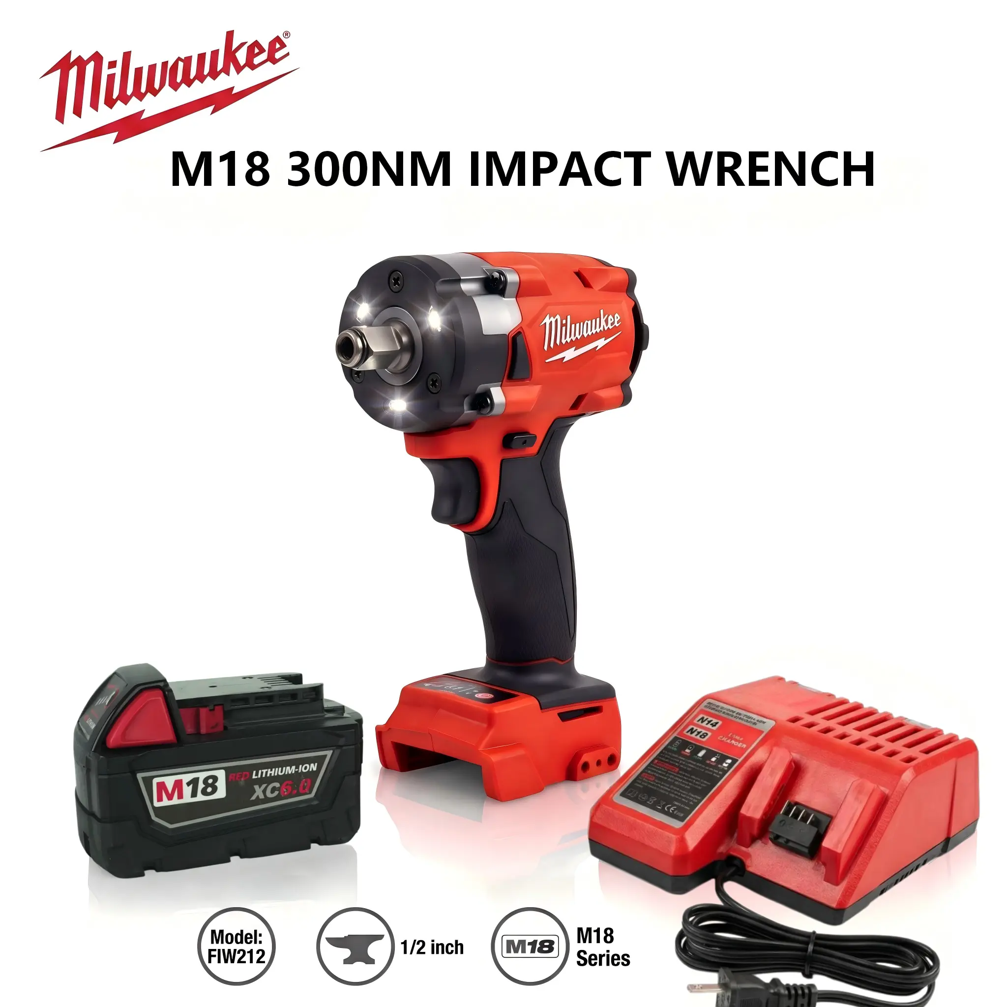 Milwaukee FIW212 M18 Cordless Impact Wrench - 1/2 in Hog Ring Through-Hole Square Drive, 300nm Torque, 4 Variable Speed Settings - For Garage Service, Construction Fastening - Professional Repair Workers high rapid charger