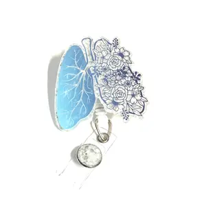 Blue Floral Lung Badge Reel, Retractable Swivel Alligator Clip, 2”