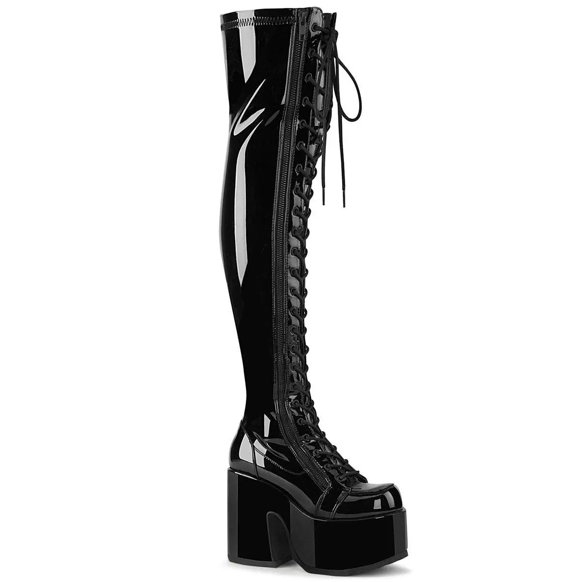 Demonia Camel-300 Black Str Patent Over-the-knee Boots