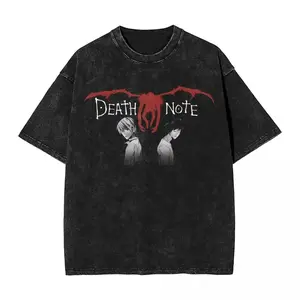 Mens Vintage Casual Short-Sleeve Washed Anime Death Note Graphic T-Shirt - Yagami Light, L Lawliet, MisaMisa Prints, Oversized Y2K Cotton Harajuku Menswear Top, Shortsleeve, Streetwear
