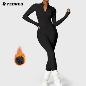 YEOREO Women's Solid Color Jumpsuit, Long Sleeve Zip-Up Casual Sportswear for Skiing, Cycling, Fall & Winter, Workout Jumpsuit, Fitness Activewear
