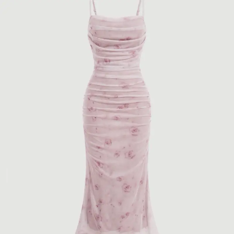 Floral Print Mesh Ruched Bodycon Cami Dress Spaghetti Strap Summer Long DressesY2K