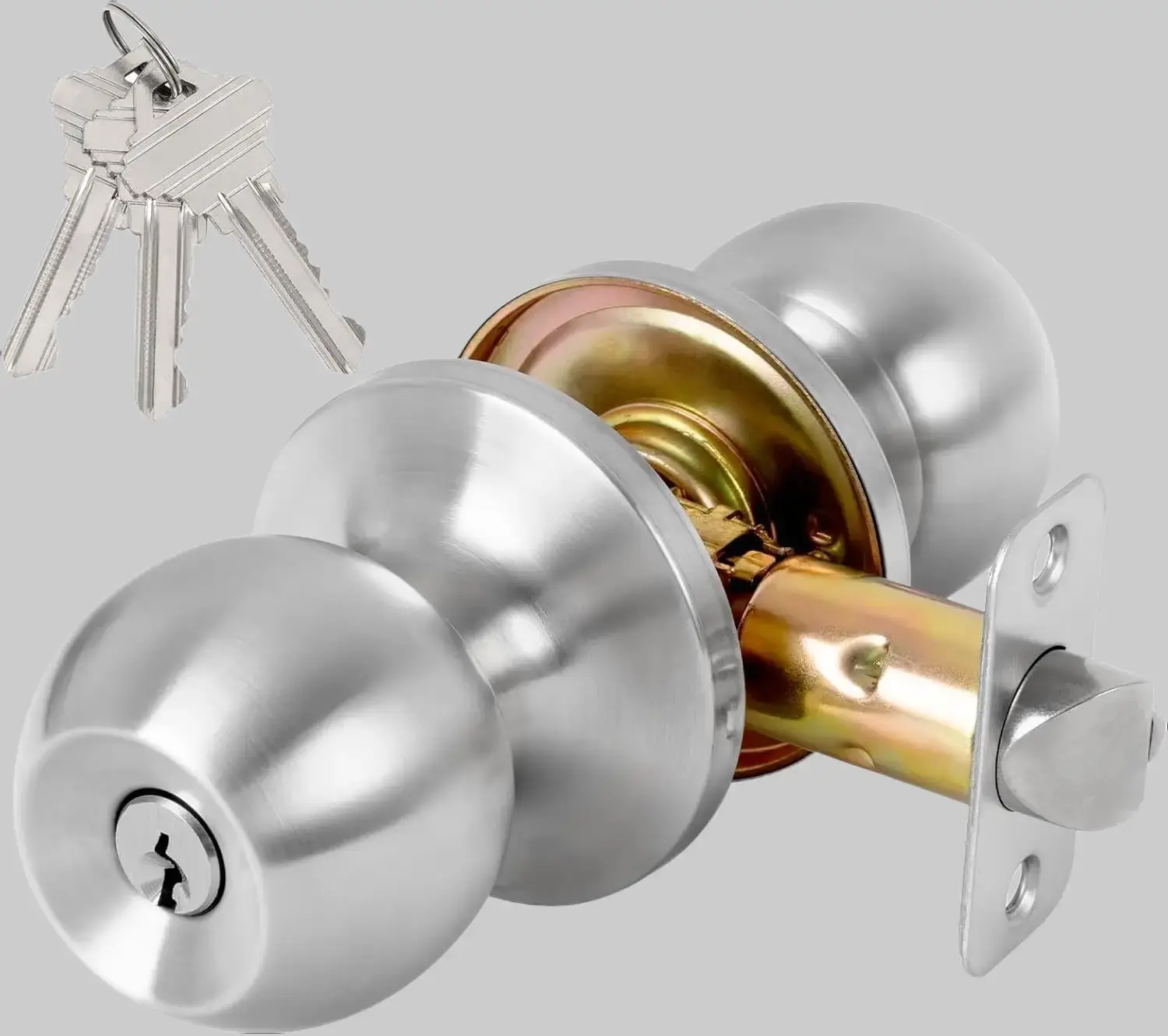 Keyed Entry Door Knob with Lock and Key, Exterior and Interior Door Lock for Bedroom, Entry Door Handle for Front Door，Satin Nickel