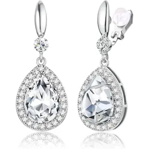 Elegant ladies' clip on earrings, sparkling teardrop pendants, clip on earrings without perforations, rhinestones, cubic zirconia, wedding party jewelry