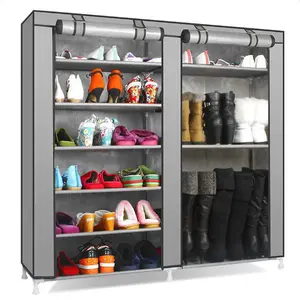 Unbranded Double Rows 9 Lattices Shoe Cabinet - Space-Saving Storage for Entryway & Closet, Sturdy Alloy & Plastic Rack, Easy Assembly, Compact Design for Shoes & Boots - Household Grey shoe rack organizer hat organizer