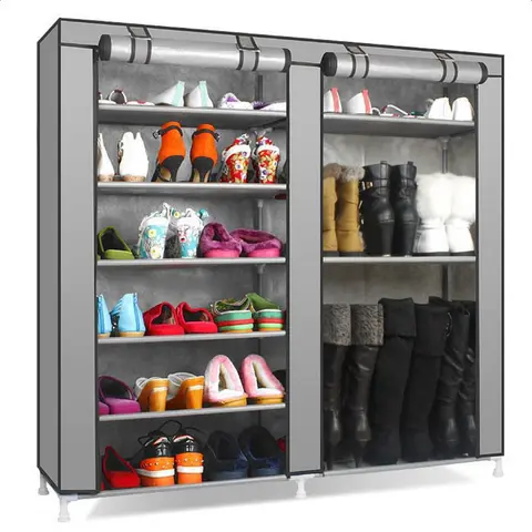 Unbranded Double-Compartment Dual-Shelf 9-Lattice Floor-Standing Shoe Cabinet-Rack, Adjustable High-Capacity Aluminum & Plastic (Alloy & Plas) Storage, Sturdy Organizer for Entryway, Easy Assembly, Compact Grey