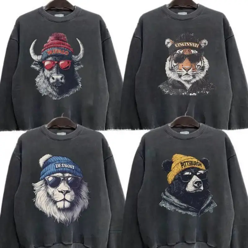 Gildan Dark Heather New Retro Style Varsity All Team Football Crewneck Sweatshirt, Spirit Animal Football Graphic Sweatshirts, Game Day City Football Casual Home Town Pullover, City Animal